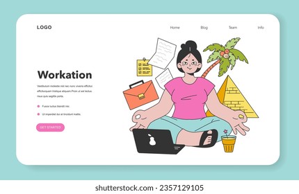 Workcation web banner or landing page. Chatacter working away from the office. Digital nomad or freelancer working remotely and globaly. Flexible schedule, work tourism. Flat vector illustration
