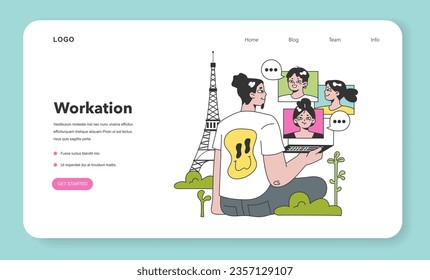 Workcation web banner or landing page. Chatacter working away from the office. Digital nomad or freelancer working remotely and globaly. Flexible schedule, work tourism. Flat vector illustration