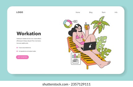 Workcation Web Banner oder Landing Page. Chatacter arbeitet weg vom Büro. Digital nomad oder freelancer arbeiten remote und global. Flexibler Zeitplan, Arbeitstourismus. Flache Vektorgrafik