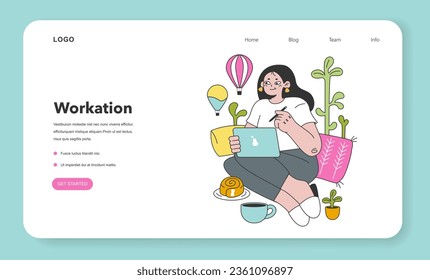 Workcation Web Banner oder Landing Page. Chatacter arbeitet weg vom Büro. Digital nomad oder freelancer arbeiten remote und global. Flexibler Zeitplan, Arbeitstourismus. Flache Vektorgrafik