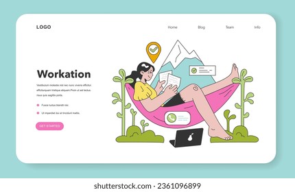 Workcation web banner or landing page. Chatacter working away from the office. Digital nomad or freelancer working remotely and globaly. Flexible schedule, work tourism. Flat vector illustration