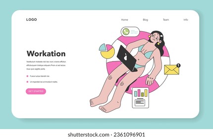 Workcation Web Banner oder Landing Page. Chatacter arbeitet weg vom Büro. Digital nomad oder freelancer arbeiten remote und global. Flexibler Zeitplan, Arbeitstourismus. Flache Vektorgrafik