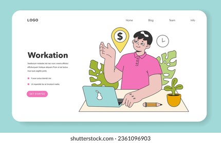 Workcation Web Banner oder Landing Page. Chatacter arbeitet weg vom Büro. Digital nomad oder freelancer arbeiten remote und global. Flexibler Zeitplan, Arbeitstourismus. Flache Vektorgrafik