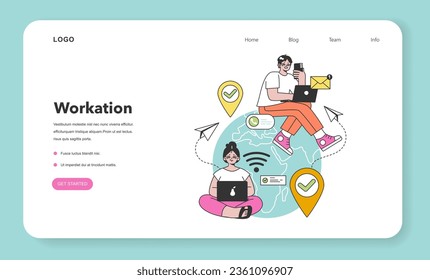 Workcation web banner or landing page. Chatacter working away from the office. Digital nomad or freelancer working remotely and globaly. Flexible schedule, work tourism. Flat vector illustration