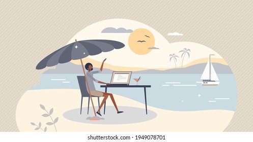 Workcation, work and vacation at remote leisure location tiny person concept. Distant workplace and project management from beach as relax and professional business combination vector illustration.