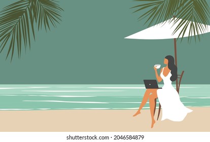 Workcation. Working on vacation concept. Woman working on laptop on beach summer vacation vector illustration