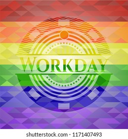 Workday emblem on mosaic background with the colors of the LGBT flag