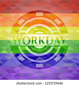 Workday emblem on mosaic background with the colors of the LGBT flag