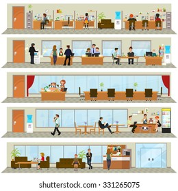 workday in an office building. People in the interior of the building in different poses and situations. Vector illustration.