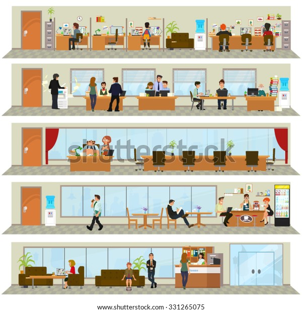 オフィスビルで働く日 建物の内部に住む人々の姿や状況が異なる ベクターイラスト のベクター画像素材 ロイヤリティフリー