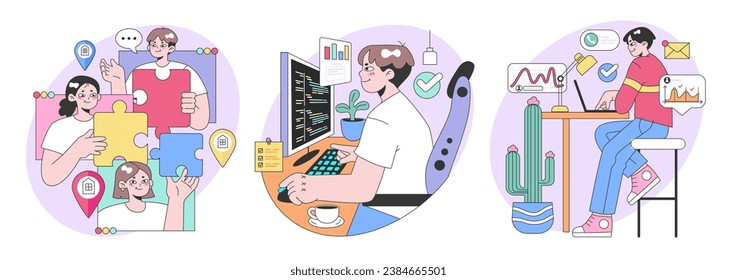 Workday set. Collaborative teamwork with puzzle pieces, focused coder at desk, and diligent worker checking analytics. Messaging, coffee breaks, and strategic planning. Flat vector illustration