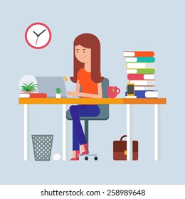 Workday and workplace concept. Vector illustration of a woman in the office