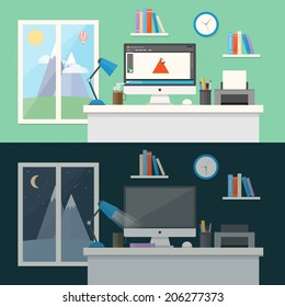 Workday, Workspace And Workplace Concepts For Web, Management, Infographic, Development, Design. Flat Design Style Modern Vector Illustration.