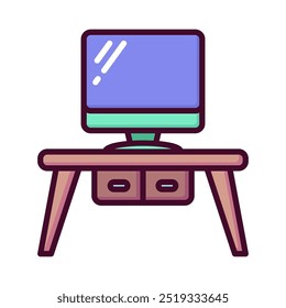 Workdesk icon in linear color style. Computer and desk icon in linear color style