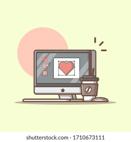 Workdesk Vector Icon Illustration. Cup Of Coffee And Desktop, Office Icon Concept White Isolated. Flat Cartoon Style Suitable for Web Landing Page, Banner, Sticker, Background