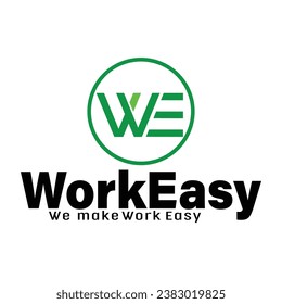 El logotipo de WorkEasy incluye un icono "WE" limpio, acompañado de un texto "WorkEasy" moderno, que representa la sencillez, la profesionalidad y la eficiencia, en consonancia con el compromiso de la marca de trabajar sin esfuerzo