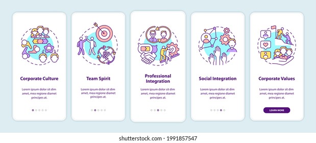 Worker adaptation elements onboarding mobile app page screen with concepts. Work in team. Corporate culture walkthrough 5 steps graphic instructions. UI vector template with RGB color illustrations