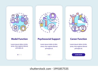 Funciones de adaptación de los trabajadores de la pantalla de la página de aplicación móvil de mentor con conceptos. Desarrollar habilidades. Recorrido profesional 3 pasos de instrucciones gráficas. plantilla de vector de interfaz de usuario con ilustraciones de color RGB