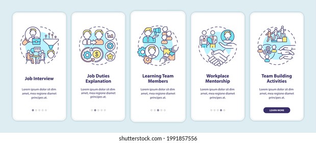 Worker adaptation stages onboarding mobile app page screen with concepts. Recruitment. Knowledge with company walkthrough 5 steps graphic instructions. UI vector template with RGB color illustrations