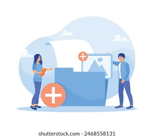 The worker added a file to a large folder. Saving and indexing files. Storage concept. Flat vector illustration.