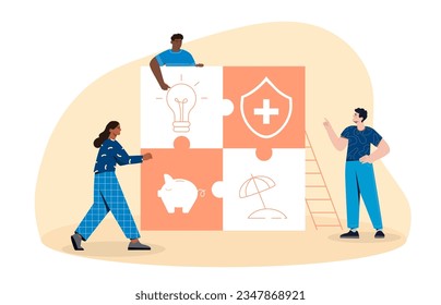 Worker with advantages concept. Medical insurance, vacation, pension and creation of comfortable working conditions. People with employee benefits puzzles. Cartoon flat vector illustration