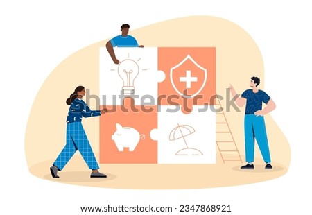 Worker with advantages concept. Medical insurance, vacation, pension and creation of comfortable working conditions. People with employee benefits puzzles. Cartoon flat vector illustration