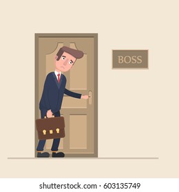 The worker is afraid to go to the boss in the office. Vector illustration in a flat style.