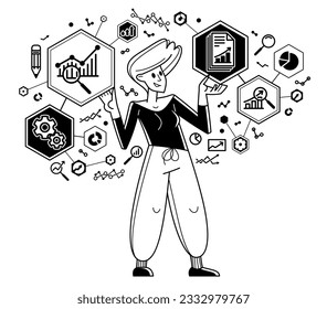 Worker analyzes some data and systematizing information, vector outline illustration, abstract big data analysis, automation 