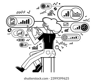 Worker analyzes some data and systematizing information, vector outline illustration, abstract big data analysis, automation 