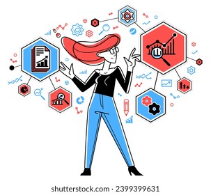 Worker analyzes some data and systematizing information, vector outline illustration, abstract big data analysis, automation 