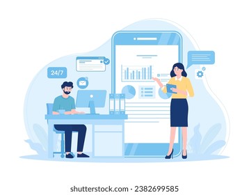 Worker analyzing digital data graph trending concept flat illustration