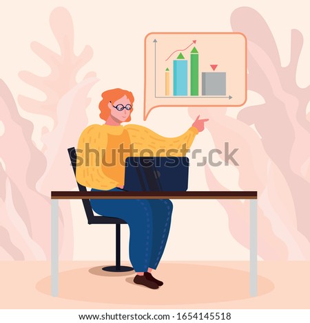 Worker Analyzing Digital Marketing Statistics on PC. Woman Character Working with Analytical Graphs and Charts on Laptop. Cartoon Employee or Freelancer Searching Solution. Vector Flat Illustration