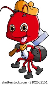 The worker ant is holding a hammer and wearing hat of illustration