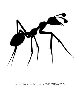 Worker ant silhouette on white background. Black ants looking for food. Hardworking animal.