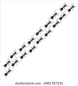 Worker ants marching in a line silhouette. Vector illustration.