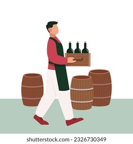 Trabajador en caja de papel con botellas de vino en la tienda. Proceso de elaboración de bebidas alcohólicas. Producción de vino con uvas orgánicas. Industria de la producción de vino. Ilustración plana del vector