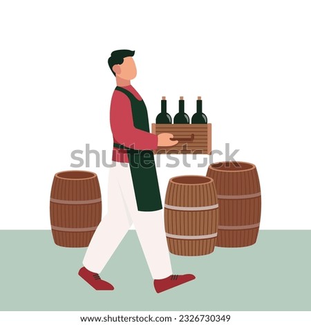 Worker in apron carry box with bottles of wine in shop. Process of making alcoholic drinks. Winemaking using organic grapes. Wine production industry. Vector flat illustration