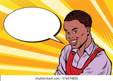 Worker in apron says, the comic book bubble. Vintage pop art retro vector illustration. African American people