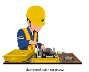 Worker is assembling the machine
