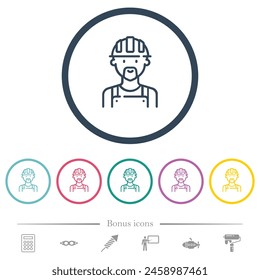 Worker avatar outline flat color icons in round outlines. 6 bonus icons included.