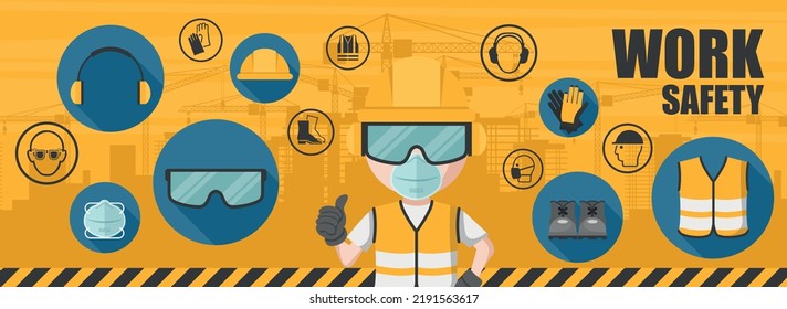 Worker background using his personal protective equipment. Set of industrial safety and occupational health icons for the prevention of occupational risks and accidents