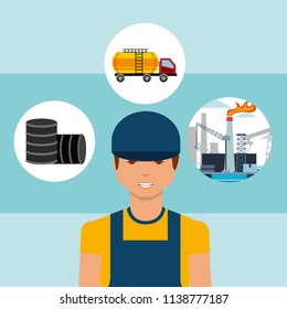 worker barrels truck tanker and plant oil industry