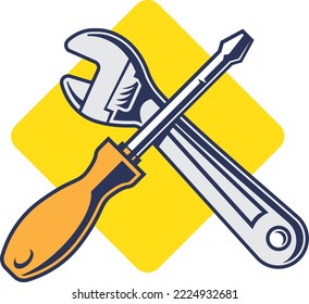 Worker basic tools Illustration. Screwdriver and adjustable crescent vintage style drawing. Cartoon working gear