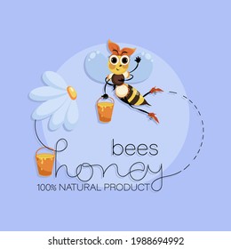 Worker bee. Natural flower honey. Funny bee with full honey buckets. Vector background. Bee swarm in a Vector illustration