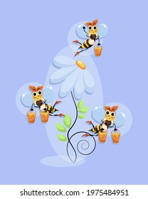 Worker bees swarming. Honey bees fly in a flower meadow. Bee. Vector background. Bee swarm