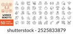 Worker Benefits editable stroke outline web icons set. Health insurance, social security, career, pay raise, bonuses, paid vacation, pension and paid vacation. Vector illustration