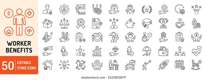 Worker Benefits editable stroke outline web icons set. Health insurance, social security, career, pay raise, bonuses, paid vacation, pension and paid vacation. Vector illustration