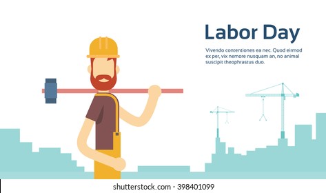 Worker With Big Hammer Wearing Hard Hat, Builder Industrial Background, International Labor Day Copy Space Flat Vector Illustration