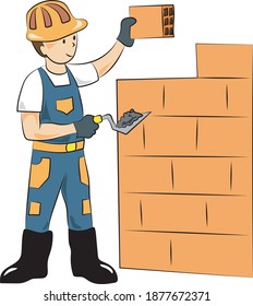 worker with block and trowel building a wall