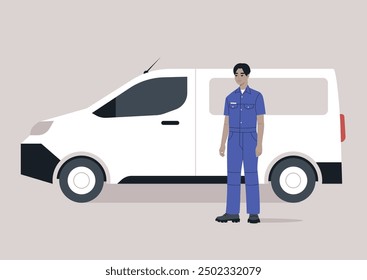 A worker in a blue jumpsuit stands confidently beside a white utility van, ready for a day of work in a modern setting